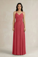 A - Line Pleated Spaghetti Strap Chiffon Bridesmaid Dress in Merlot - KissProm Bridesmaid Dresses