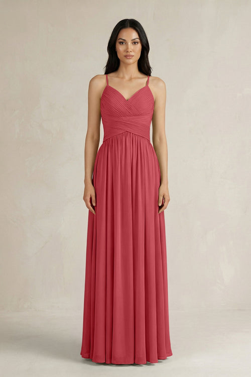 A - Line Pleated Spaghetti Strap Chiffon Bridesmaid Dress in Merlot - KissProm Bridesmaid Dresses
