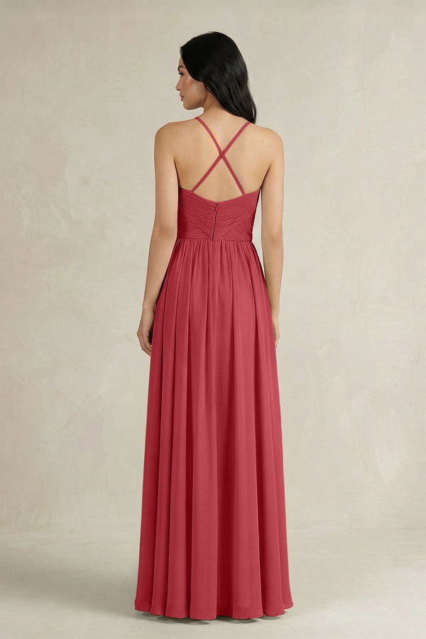 A - Line Pleated Spaghetti Strap Chiffon Bridesmaid Dress in Merlot - KissProm Bridesmaid Dresses