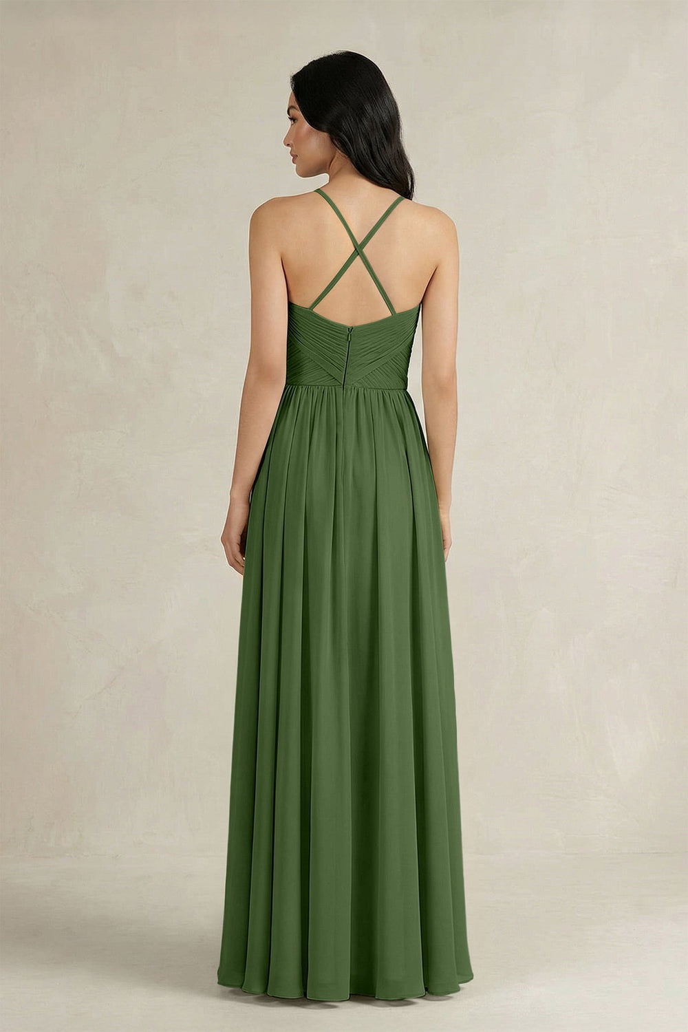 A - Line Pleated Spaghetti Strap Chiffon Bridesmaid Dress in Moss - KissProm Bridesmaid Dresses