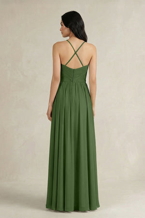 A - Line Pleated Spaghetti Strap Chiffon Bridesmaid Dress in Moss - KissProm Bridesmaid Dresses