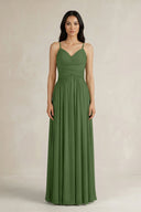 A - Line Pleated Spaghetti Strap Chiffon Bridesmaid Dress in Moss - KissProm Bridesmaid Dresses