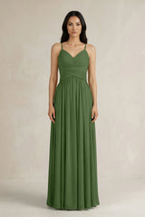 A - Line Pleated Spaghetti Strap Chiffon Bridesmaid Dress in Moss - KissProm Bridesmaid Dresses