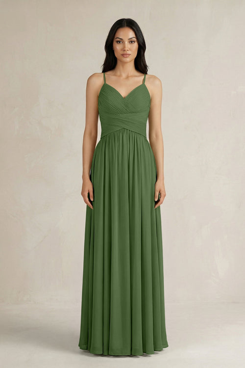A - Line Pleated Spaghetti Strap Chiffon Bridesmaid Dress in Moss - KissProm Bridesmaid Dresses