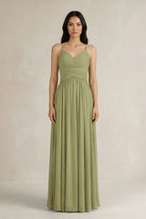 A - Line Pleated Spaghetti Strap Chiffon Bridesmaid Dress in Moss Green - KissProm Bridesmaid Dresses
