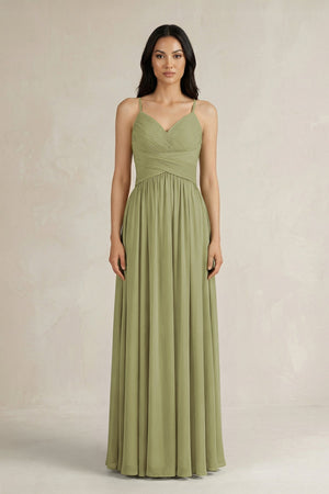 A - Line Pleated Spaghetti Strap Chiffon Bridesmaid Dress in Moss Green - KissProm Bridesmaid Dresses