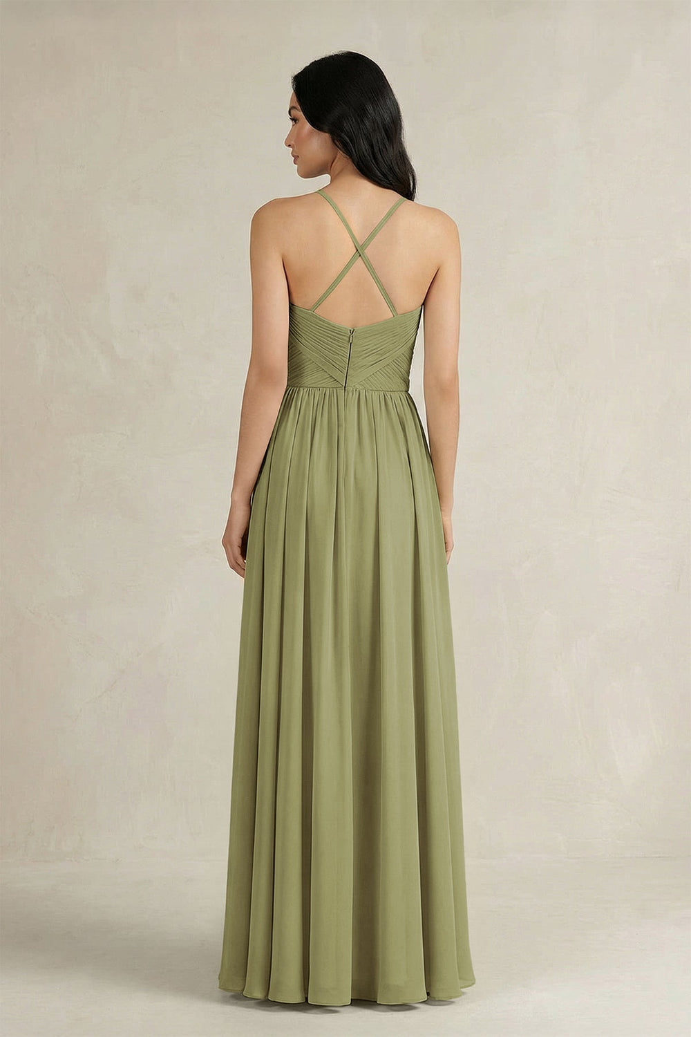 A - Line Pleated Spaghetti Strap Chiffon Bridesmaid Dress in Moss Green - KissProm Bridesmaid Dresses