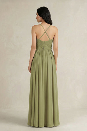 A - Line Pleated Spaghetti Strap Chiffon Bridesmaid Dress in Moss Green - KissProm Bridesmaid Dresses