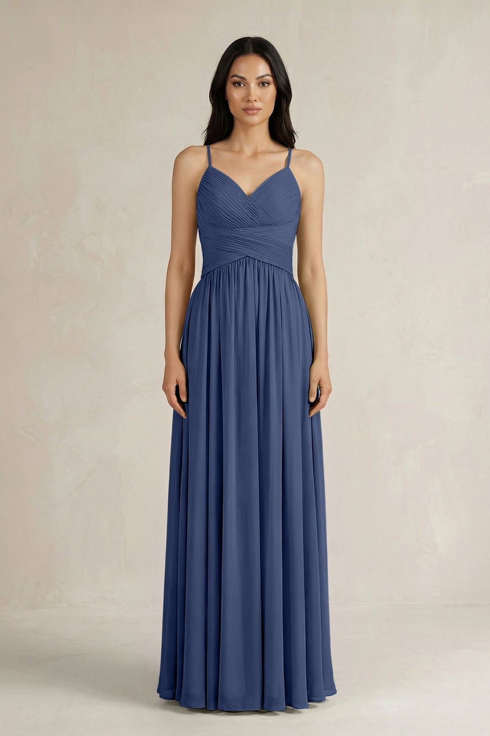 A - Line Pleated Spaghetti Strap Chiffon Bridesmaid Dress in Navy - KissProm Bridesmaid Dresses