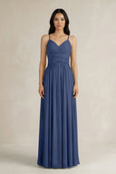 A - Line Pleated Spaghetti Strap Chiffon Bridesmaid Dress in Navy - KissProm Bridesmaid Dresses