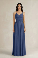 A - Line Pleated Spaghetti Strap Chiffon Bridesmaid Dress in Navy - KissProm Bridesmaid Dresses
