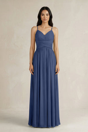A - Line Pleated Spaghetti Strap Chiffon Bridesmaid Dress in Navy - KissProm Bridesmaid Dresses