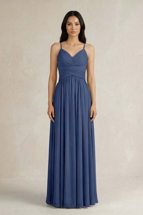 A - Line Pleated Spaghetti Strap Chiffon Bridesmaid Dress in Navy - KissProm Bridesmaid Dresses