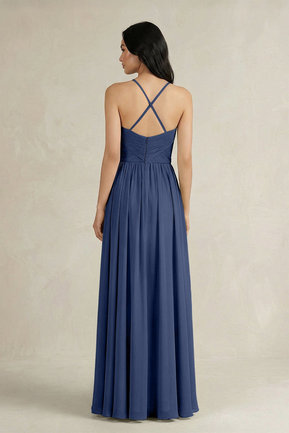 A - Line Pleated Spaghetti Strap Chiffon Bridesmaid Dress in Navy - KissProm Bridesmaid Dresses