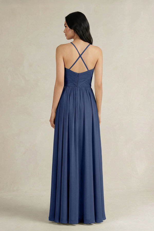 A - Line Pleated Spaghetti Strap Chiffon Bridesmaid Dress in Navy - KissProm Bridesmaid Dresses