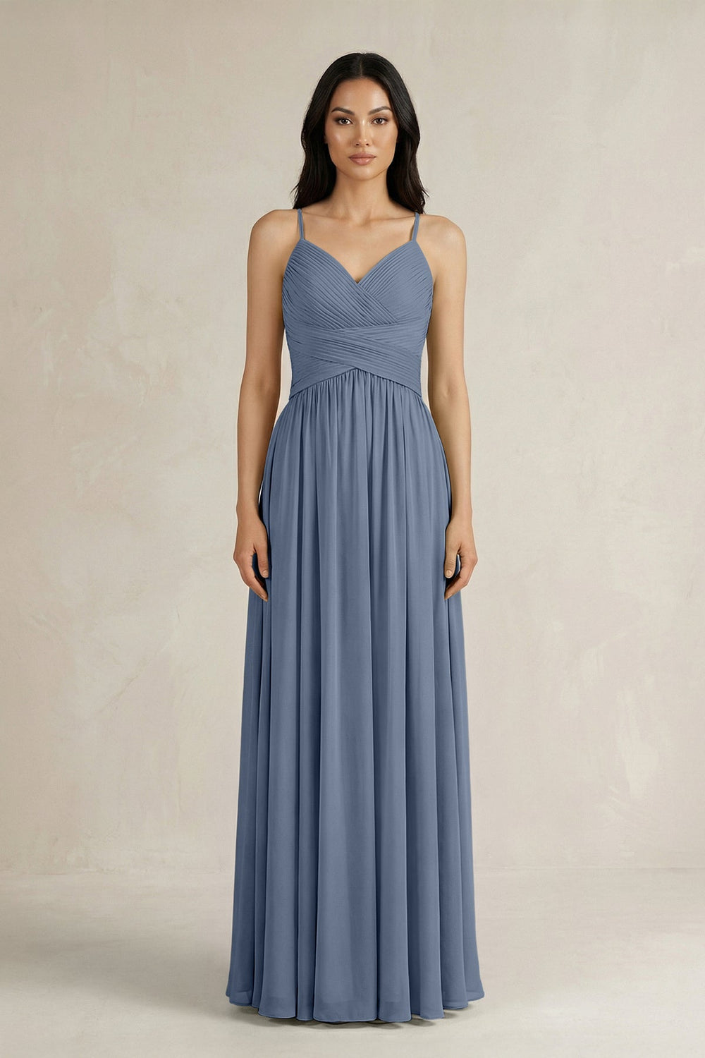 A - Line Pleated Spaghetti Strap Chiffon Bridesmaid Dress in Neptune - KissProm Bridesmaid Dresses