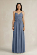 A - Line Pleated Spaghetti Strap Chiffon Bridesmaid Dress in Neptune - KissProm Bridesmaid Dresses