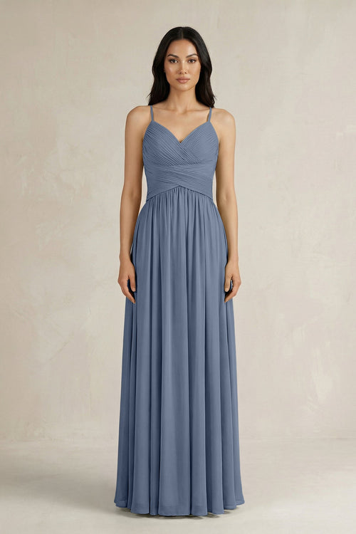 A - Line Pleated Spaghetti Strap Chiffon Bridesmaid Dress in Neptune - KissProm Bridesmaid Dresses