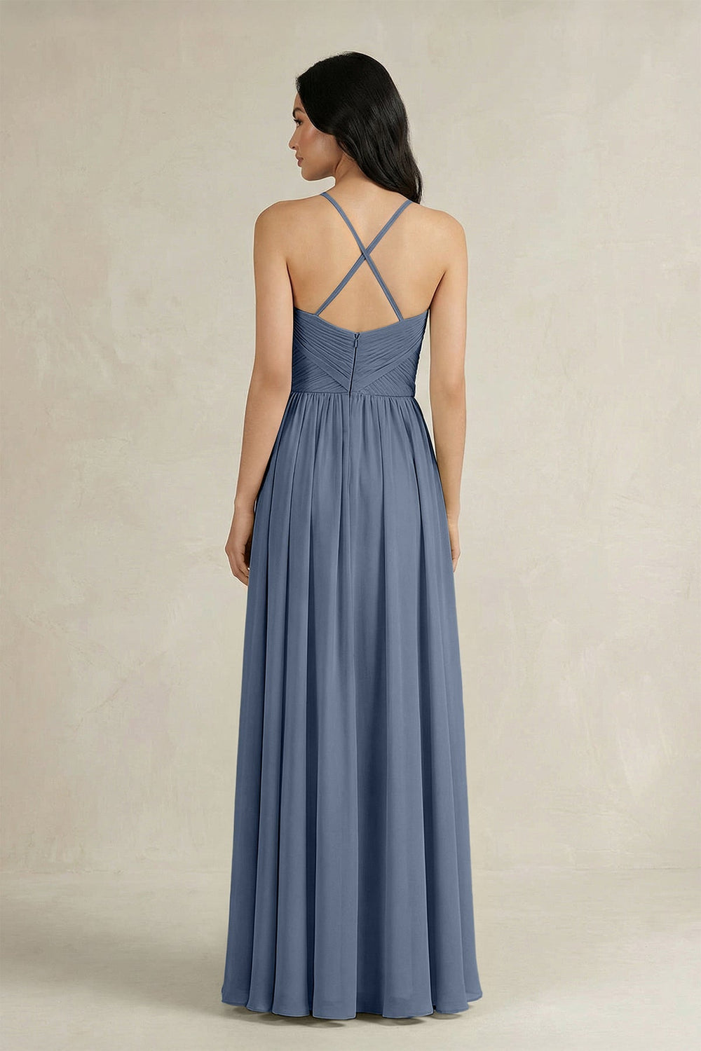 A - Line Pleated Spaghetti Strap Chiffon Bridesmaid Dress in Neptune - KissProm Bridesmaid Dresses