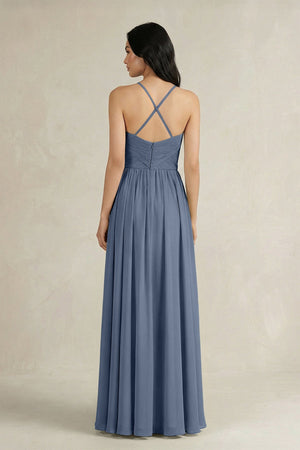 A - Line Pleated Spaghetti Strap Chiffon Bridesmaid Dress in Neptune - KissProm Bridesmaid Dresses