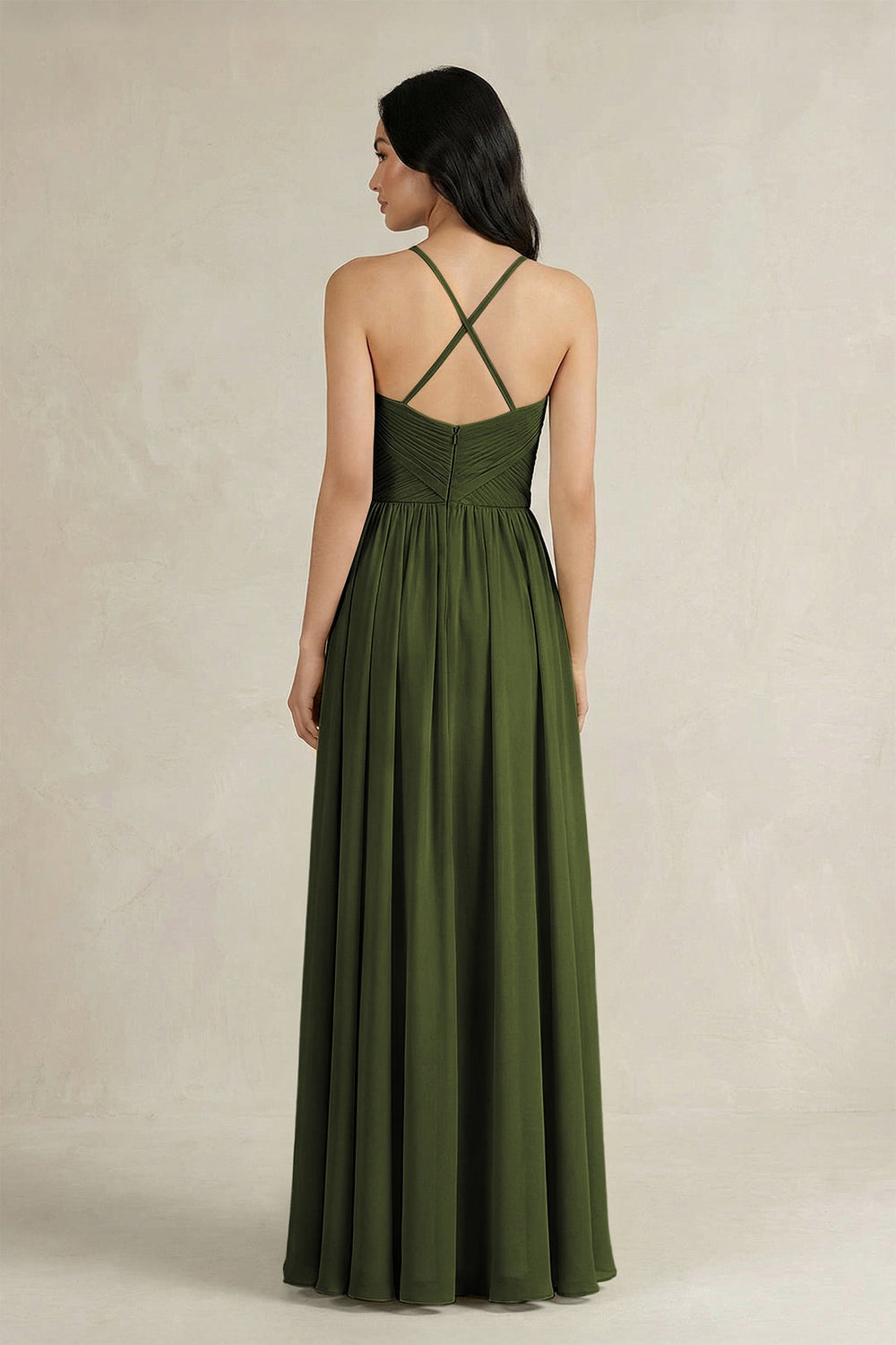 A - Line Pleated Spaghetti Strap Chiffon Bridesmaid Dress in Olive - KissProm Bridesmaid Dresses