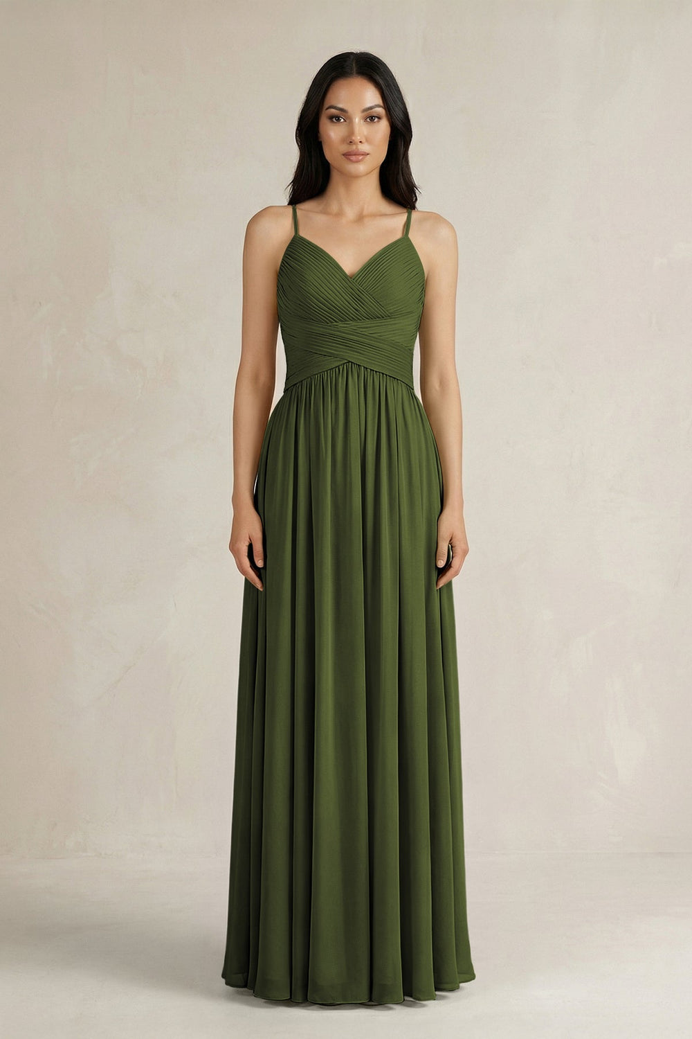 A - Line Pleated Spaghetti Strap Chiffon Bridesmaid Dress in Olive - KissProm Bridesmaid Dresses