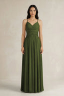 A - Line Pleated Spaghetti Strap Chiffon Bridesmaid Dress in Olive - KissProm Bridesmaid Dresses