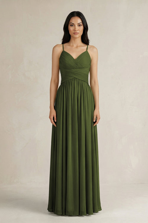 A - Line Pleated Spaghetti Strap Chiffon Bridesmaid Dress in Olive - KissProm Bridesmaid Dresses