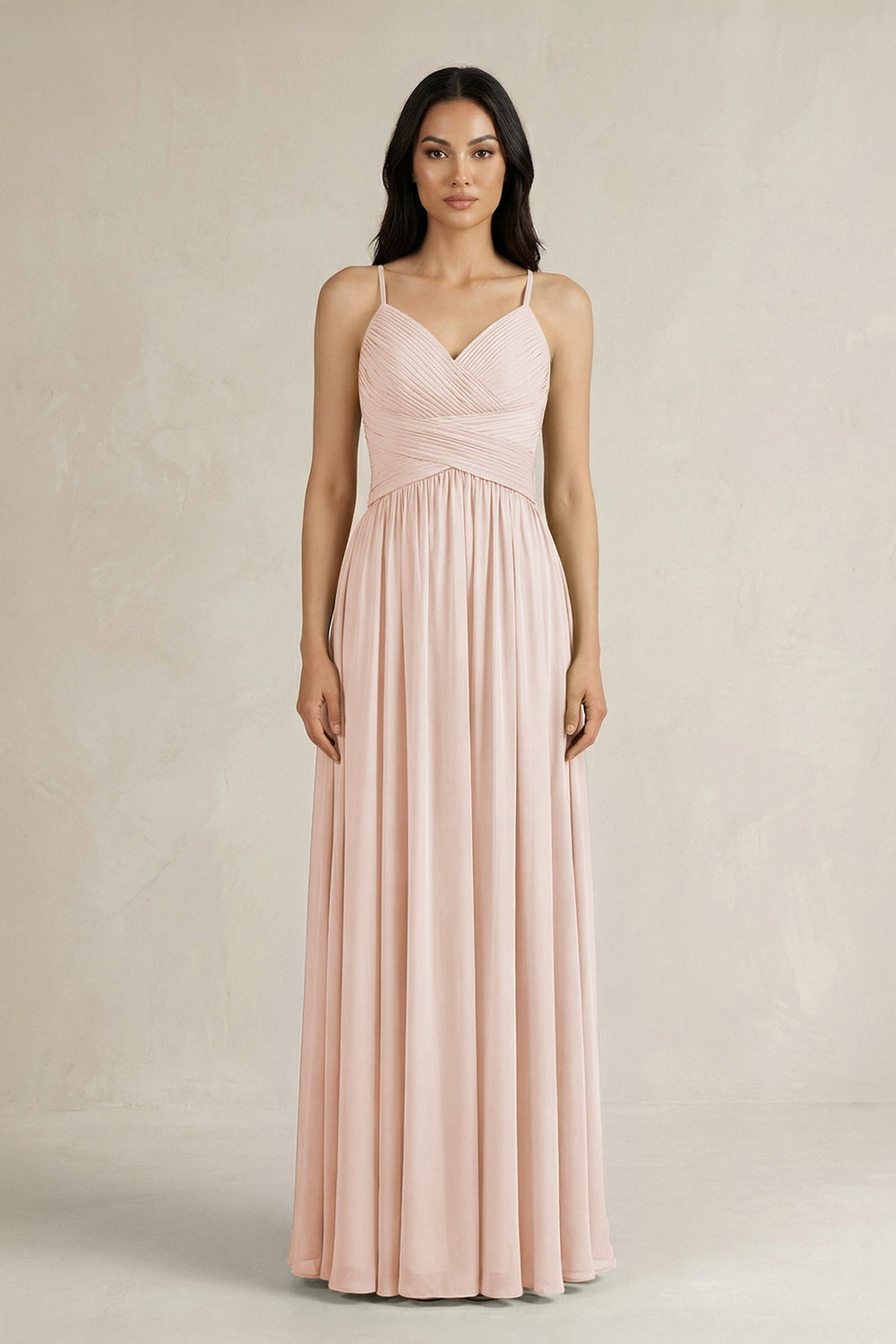 A - Line Pleated Spaghetti Strap Chiffon Bridesmaid Dress in Pale Blush - KissProm Bridesmaid Dresses
