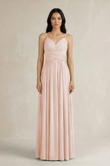 A - Line Pleated Spaghetti Strap Chiffon Bridesmaid Dress in Pale Blush - KissProm Bridesmaid Dresses