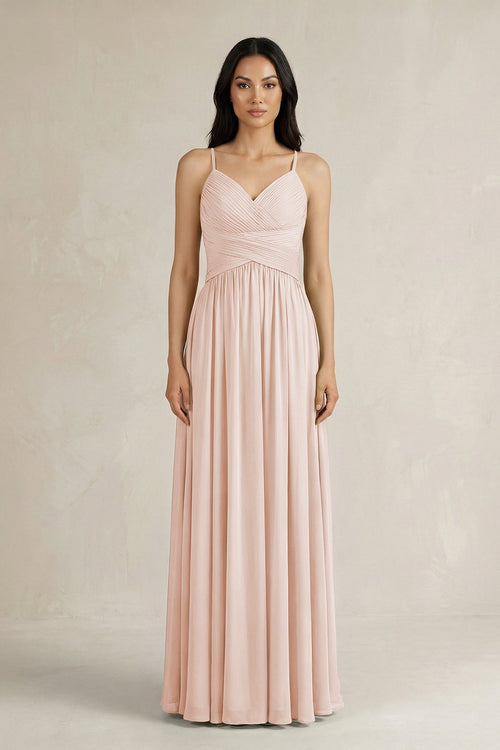 A - Line Pleated Spaghetti Strap Chiffon Bridesmaid Dress in Pale Blush - KissProm Bridesmaid Dresses