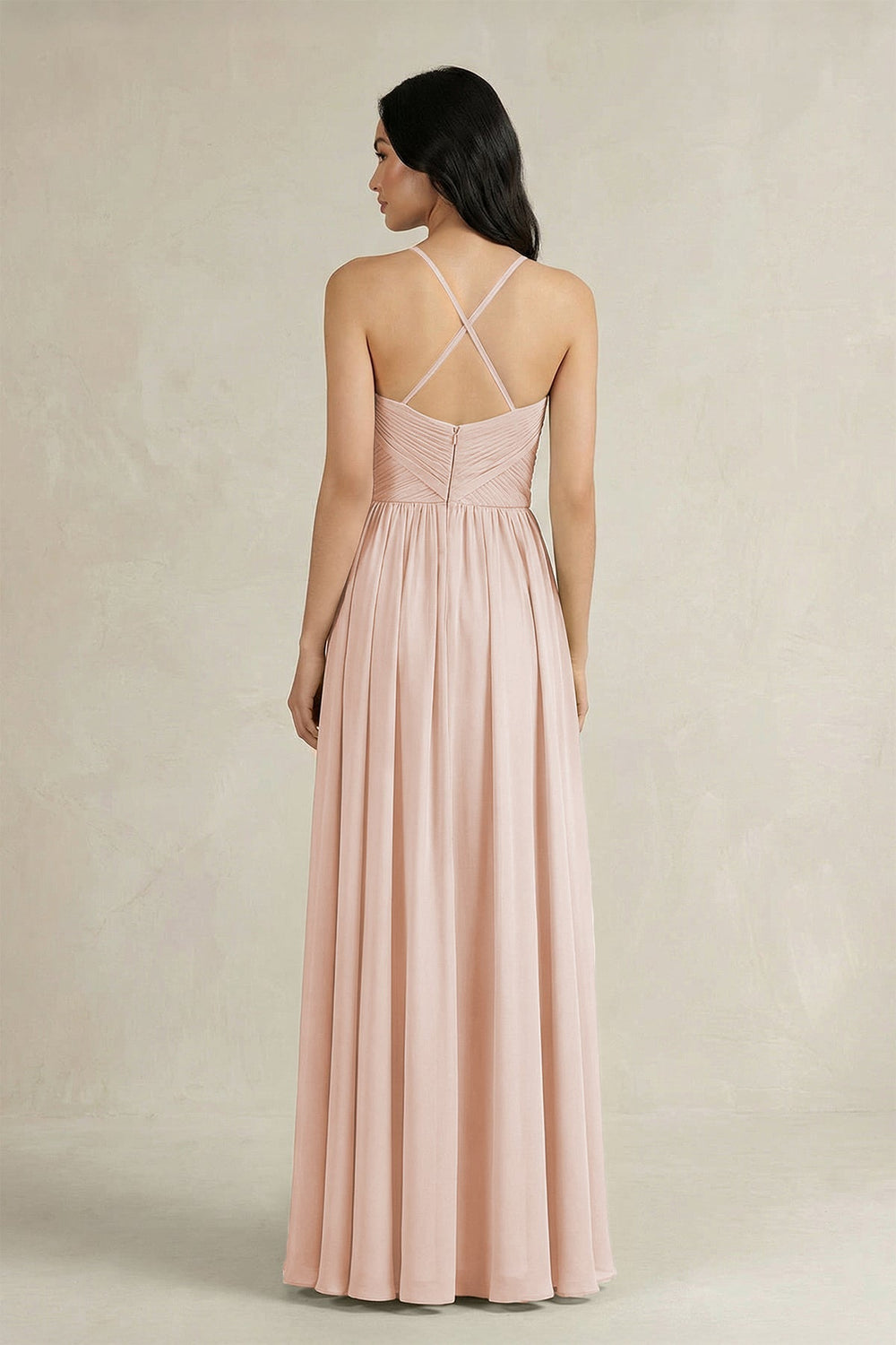 A - Line Pleated Spaghetti Strap Chiffon Bridesmaid Dress in Pale Blush - KissProm Bridesmaid Dresses
