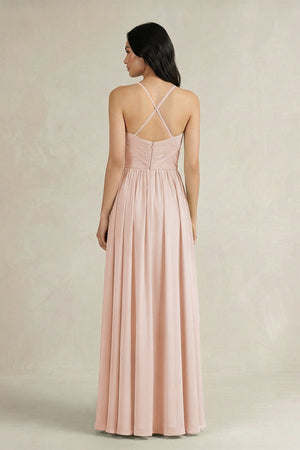A - Line Pleated Spaghetti Strap Chiffon Bridesmaid Dress in Pale Blush - KissProm Bridesmaid Dresses