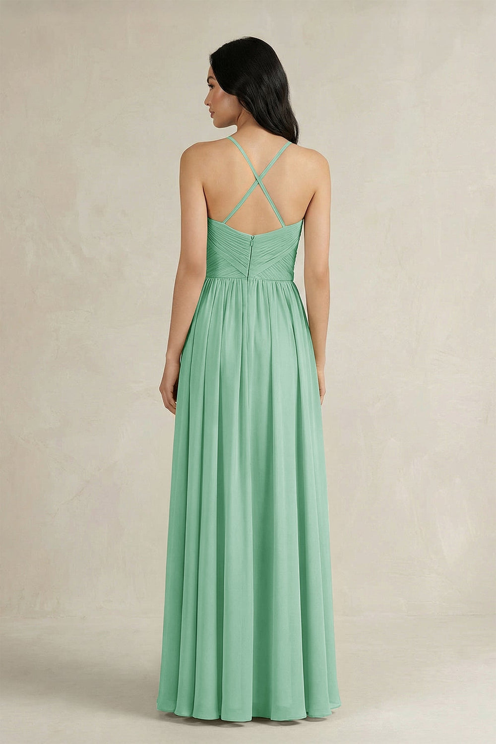 A - Line Pleated Spaghetti Strap Chiffon Bridesmaid Dress in Pale Pistachio - KissProm Bridesmaid Dresses