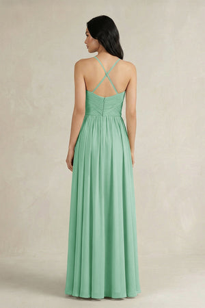 A - Line Pleated Spaghetti Strap Chiffon Bridesmaid Dress in Pale Pistachio - KissProm Bridesmaid Dresses