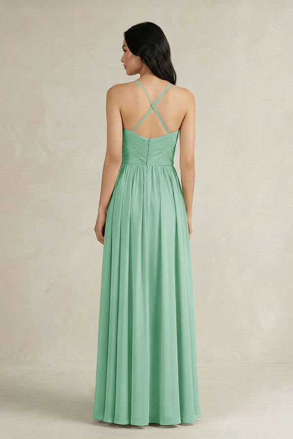 A - Line Pleated Spaghetti Strap Chiffon Bridesmaid Dress in Pale Pistachio - KissProm Bridesmaid Dresses