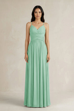 A - Line Pleated Spaghetti Strap Chiffon Bridesmaid Dress in Pale Pistachio - KissProm Bridesmaid Dresses