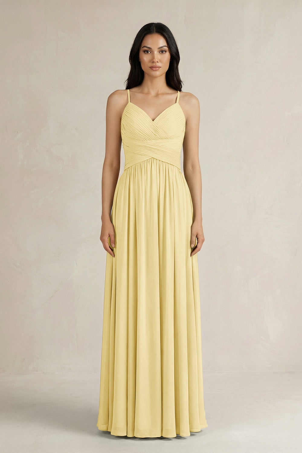 A - Line Pleated Spaghetti Strap Chiffon Bridesmaid Dress in Pastel Yellow - KissProm Bridesmaid Dresses