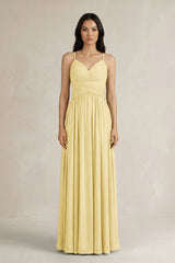 A - Line Pleated Spaghetti Strap Chiffon Bridesmaid Dress in Pastel Yellow - KissProm Bridesmaid Dresses