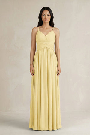 A - Line Pleated Spaghetti Strap Chiffon Bridesmaid Dress in Pastel Yellow - KissProm Bridesmaid Dresses