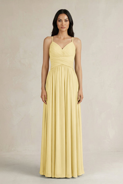 A - Line Pleated Spaghetti Strap Chiffon Bridesmaid Dress in Pastel Yellow - KissProm Bridesmaid Dresses