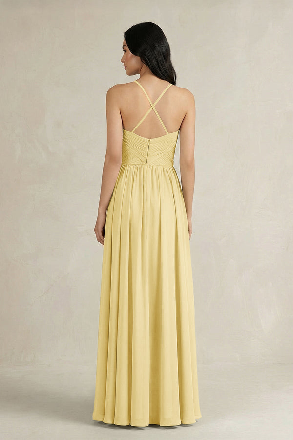 A - Line Pleated Spaghetti Strap Chiffon Bridesmaid Dress in Pastel Yellow - KissProm Bridesmaid Dresses