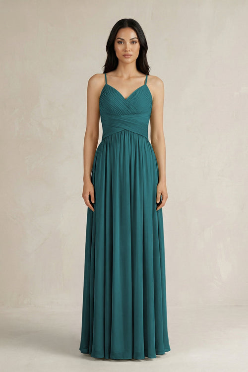 A - Line Pleated Spaghetti Strap Chiffon Bridesmaid Dress in Pine - KissProm Bridesmaid Dresses