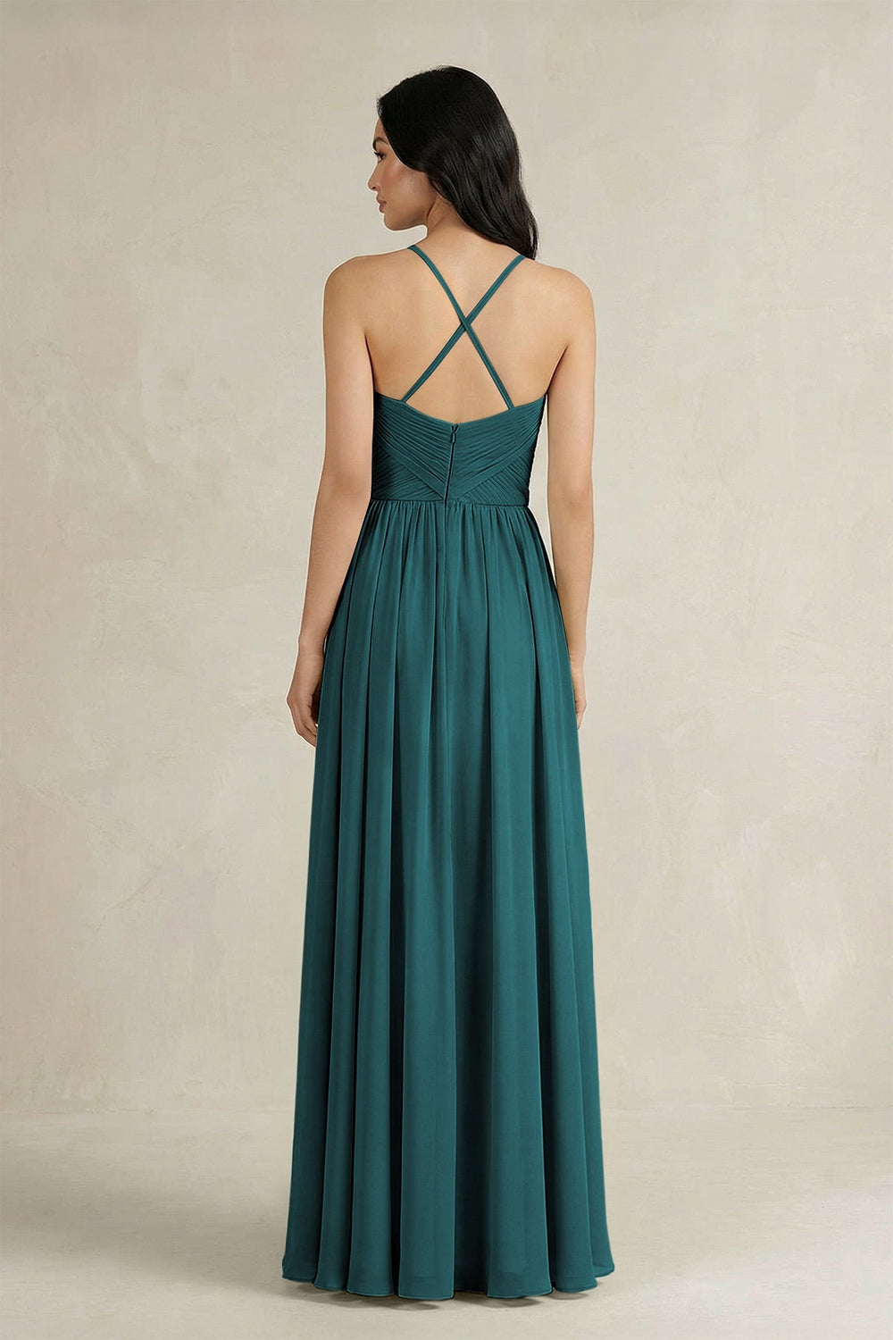 A - Line Pleated Spaghetti Strap Chiffon Bridesmaid Dress in Pine - KissProm Bridesmaid Dresses