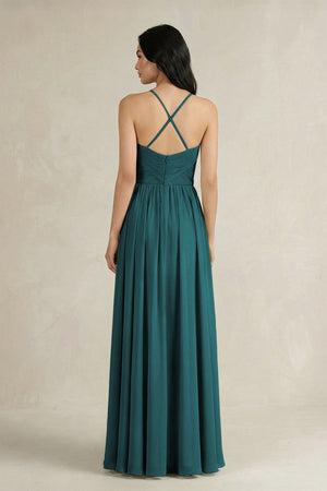 A - Line Pleated Spaghetti Strap Chiffon Bridesmaid Dress in Pine - KissProm Bridesmaid Dresses