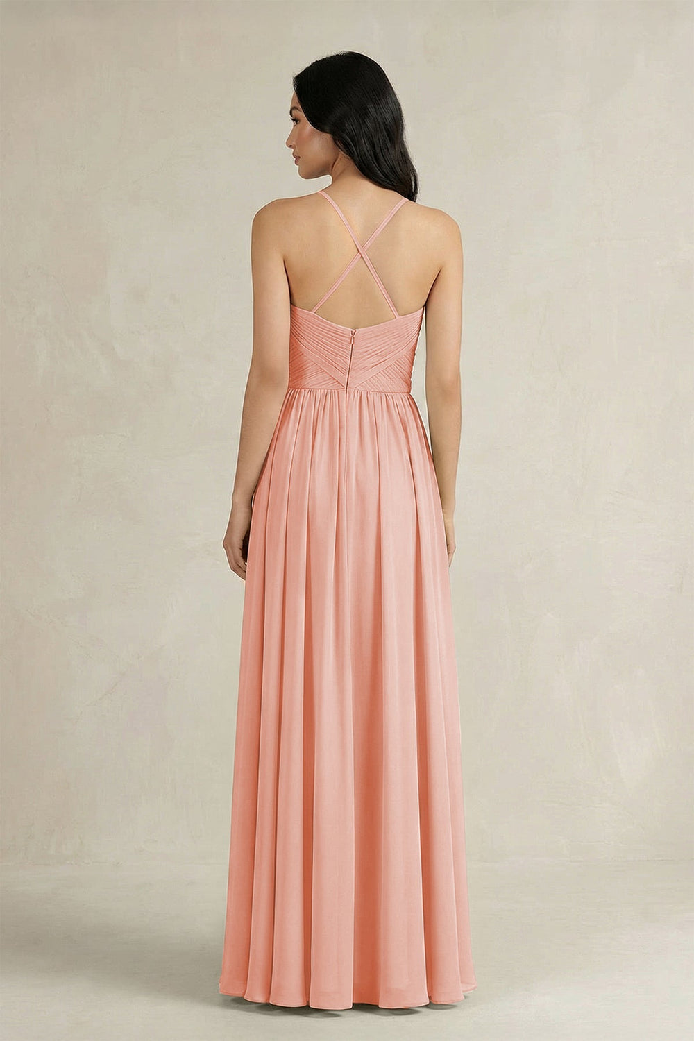 A - Line Pleated Spaghetti Strap Chiffon Bridesmaid Dress in Rose Petal - KissProm Bridesmaid Dresses