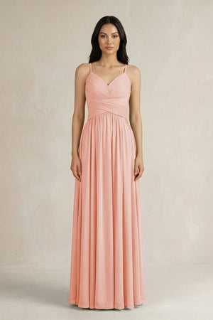 A - Line Pleated Spaghetti Strap Chiffon Bridesmaid Dress in Rose Petal - KissProm Bridesmaid Dresses