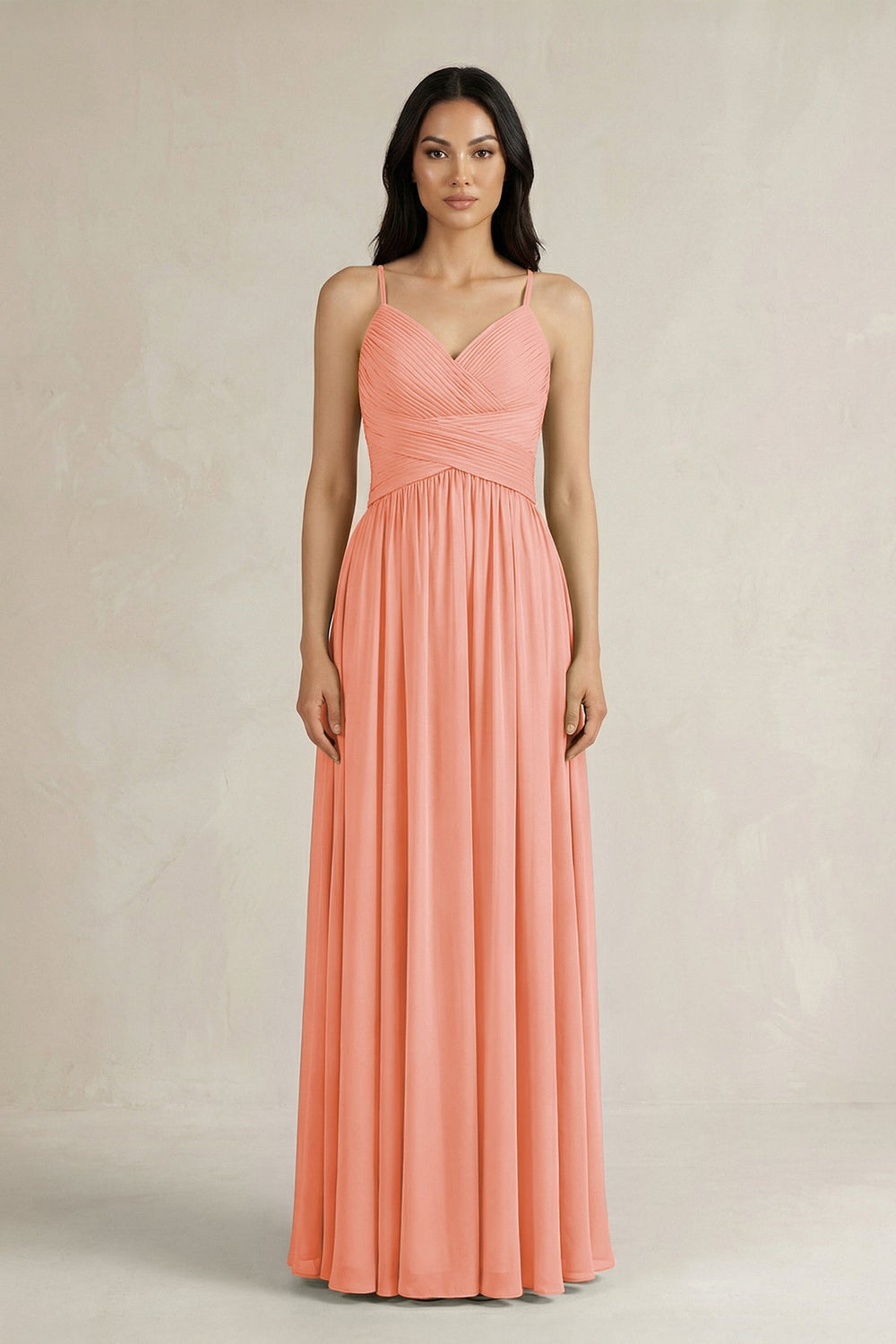 A - Line Pleated Spaghetti Strap Chiffon Bridesmaid Dress in Rosette - KissProm Bridesmaid Dresses