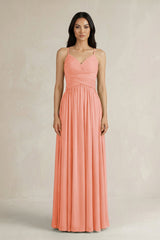 A - Line Pleated Spaghetti Strap Chiffon Bridesmaid Dress in Rosette - KissProm Bridesmaid Dresses