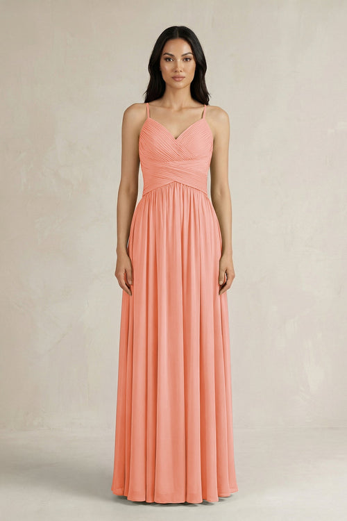 A - Line Pleated Spaghetti Strap Chiffon Bridesmaid Dress in Rosette - KissProm Bridesmaid Dresses